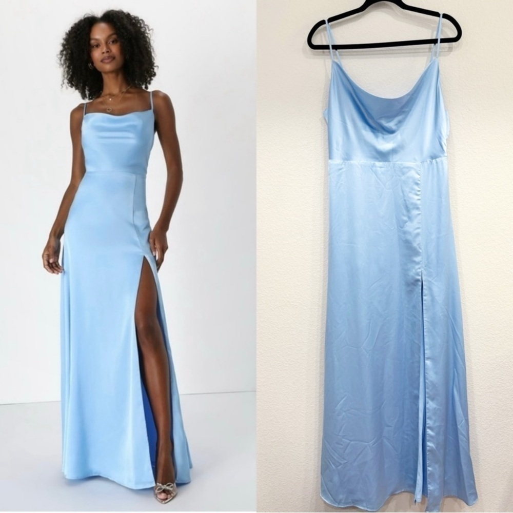NWOT Lulus Formal Invitation Light Blue Satin Cowl Neck Maxi Dress